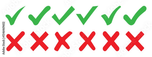 Fototapeta Set of green checkmarks, red cross, x mark icon, flat rounded right and wrong sign concept vector illustration.  Green checkmark and red cross vector.