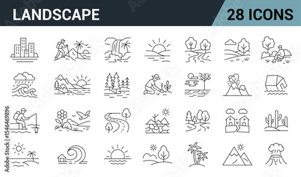 Fototapeta Landscape Line Editable Icons Set. Includes Mountains, Forests, Desert, Ocean, Volcano, Sunrise, Fields, Urban Cityscapes, and More. Vector illustration.