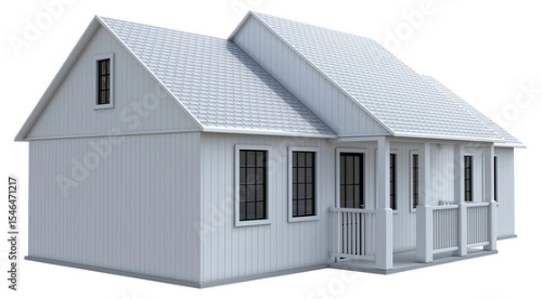 Fototapeta White small cottage mockup with porch and gable window. 3d illustration transparent background