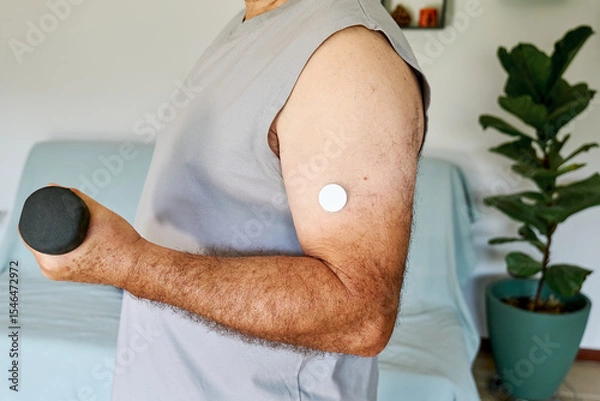 Fototapeta Unrecognizable mature man with diabetes and continuous glucose monitor on his arm making sport exercises at home