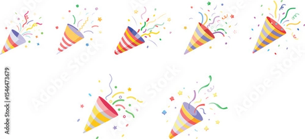 Fototapeta Exploding party popper with confetti set vector illustration