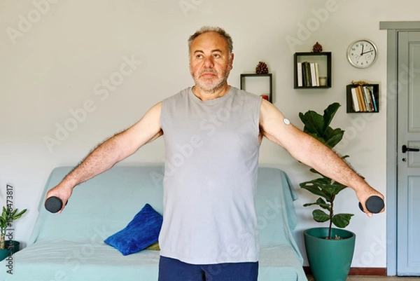 Fototapeta Mature man with diabetes and continuous glucose monitor on his arm making sport exercises at home