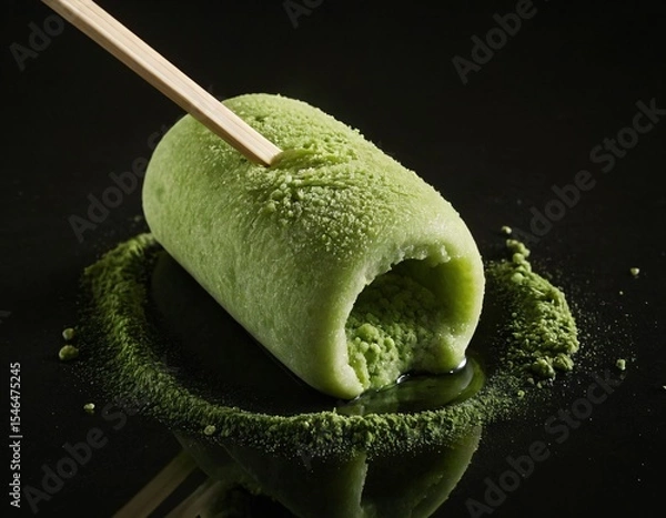 Fototapeta Matcha dessert with wooden sticks: Delightful close-up showcasing a matcha-flavored dessert, accompanied by a wooden stick, Ai generated image