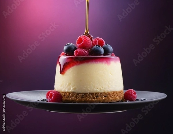 Fototapeta Mini Cheesecake with Berry Compote: A delectable mini cheesecake, adorned with fresh raspberries and blueberries, is drizzled with a luscious berry compote. Ai generated image