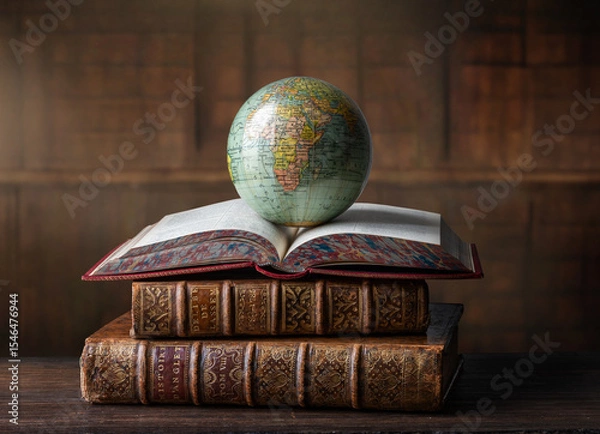 Obraz Old globe lying on an open book in a library. Conceptual background on history, education, literature topics. Translation of book titles - history of England, ancient history.