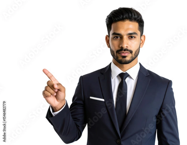 Fototapeta Serious businessman pointing to side in transparent suit professional setting half-body photograph