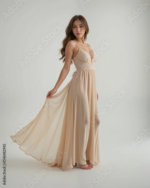 Fototapeta Elegant woman in flowy gown posing gracefully in soft lighting