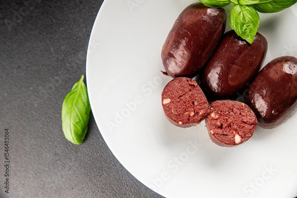 Obraz Black pudding sausage fresh delicious gourmet food background on the table rustic food top view copy space