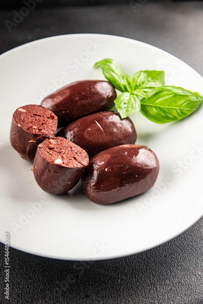 Obraz Black pudding sausage fresh delicious gourmet food background on the table rustic food top view copy space
