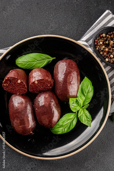 Obraz Black pudding sausage fresh delicious gourmet food background on the table rustic food top view copy space