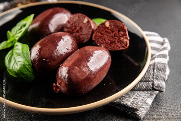 Obraz Black pudding sausage fresh delicious gourmet food background on the table rustic food top view copy space