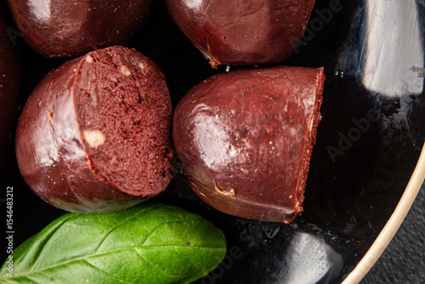 Obraz Black pudding sausage fresh delicious gourmet food background on the table rustic food top view copy space