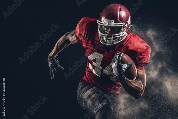 Fototapeta A football player in a red jersey with the number 44 on it is running with a football. The image has a dark background and a sense of motion