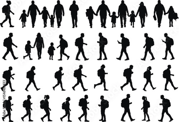 Obraz Silhouettes of walking people, families holding hands, individuals with backpacks, group diversity, casual motion illustration, isolated black vector, inclusive design, lifestyle concept