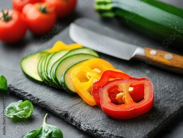 Fototapeta Pepper, cucumber and tomato on lovely stone desk with knife on the side.