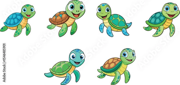 Fototapeta Happy turtle cartoon set vector illustration