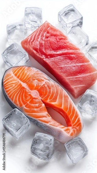Obraz Fresh salmon and tuna cuts among ice cubes