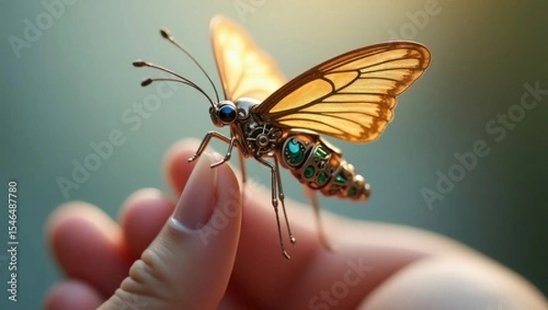 Fototapeta Una mariposa mecánica aterriza en la punta de un dedo humano bajo la suave luz de la mañana