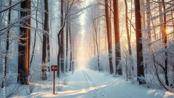 Obraz Snowy path through a winter forest with directional signs and sunlight