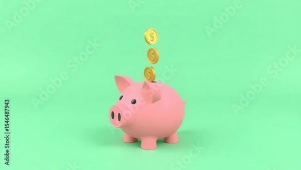 Obraz Coins falling into a pink piggy bank on a green background, saving money concept