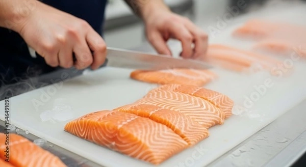 Fototapeta Mastering the Art of Sashimi Precision Knife Skills for Perfect Salmon Cuts