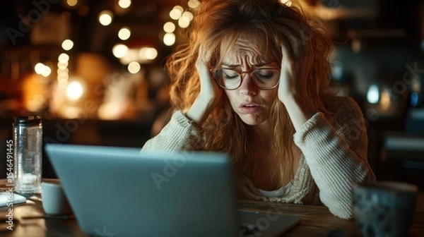 Fototapeta A woman struggles with stress while working late at her laptop, showcasing the emotional challenges of modern life and the conflict between work and personal well-being.