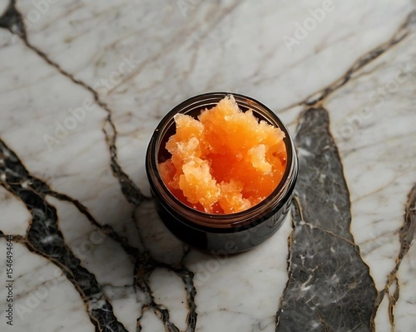 Fototapeta Invigorating Orange Scrub in Sleek Jar Displaying Natural Ingredients and Luxurious Texture on Marble Surface