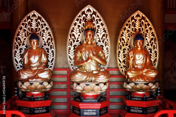 Fototapeta Three golden Buddha statues in a row in the temple