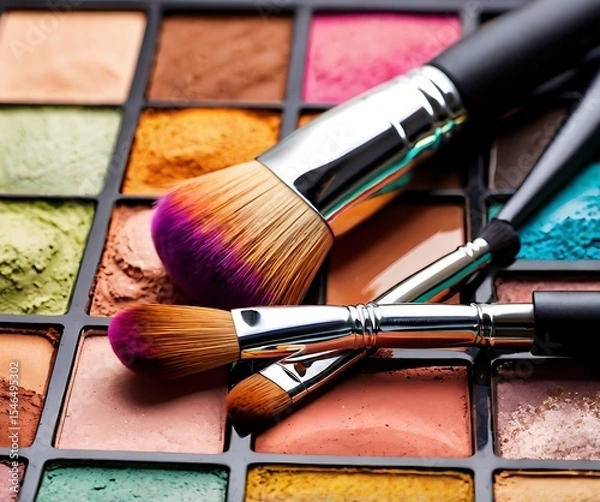Fototapeta Assorted Makeup Palette with Brushes for Cosmetic Application and Artistic Expression in a Range of Colors and Textures