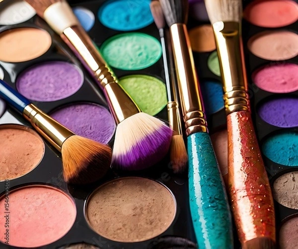 Fototapeta Palette of Colors with Makeup Brushes for Artistic Expression and Beauty Enhancement in Studio Setting with Professional Tools