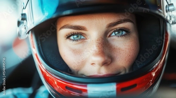 Fototapeta An intense portrait of a female racer wearing a sleek helmet, capturing determination and focus in motorsport, showcasing strength and passion for racing.