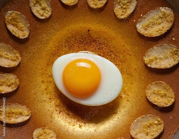 Fototapeta Gourmet Egg Delight: A visually appealing culinary composition features a perfectly cooked egg, accompanied by meticulously arranged, artfully prepared snacks, on a golden plate. Ai generated image