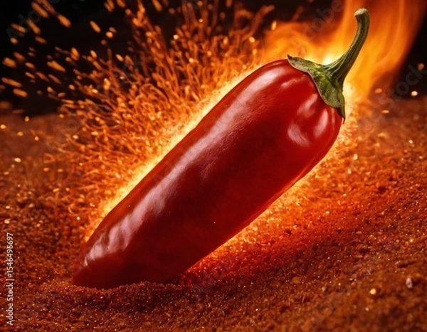 Fototapeta Fiery Chili Pepper: A vibrant red chili pepper radiates intensity, as if bursting with heat and flavor, enhanced by a ring of fire around it. Ai generated image