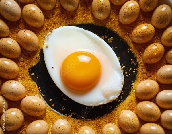 Fototapeta Eggs culinary creation: A captivating culinary image of perfectly cooked single egg with golden yolk in the middle surrounded by other egg to show freshness in food. Ai generated image