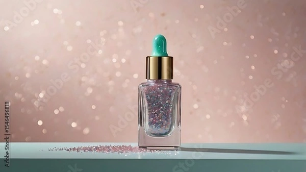 Fototapeta Square Glitter Serum Bottle with Teal Dropper on Light Blue Surface with Sparkling Bokeh Background