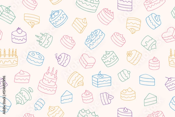 Fototapeta Seamless pattern of hand drawn cakes, cupcakes. Doodle style. Bright colorful designs for International Cake Day and Birthday. Vector illustration