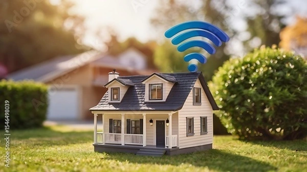 Fototapeta Connected Living A Miniature House with a Strong Wireless Signal in a Lush Green Garden Setting