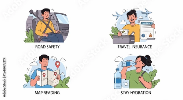 Fototapeta Man Using Mobile Phone While Traveling – Travel Safety Awareness Vector