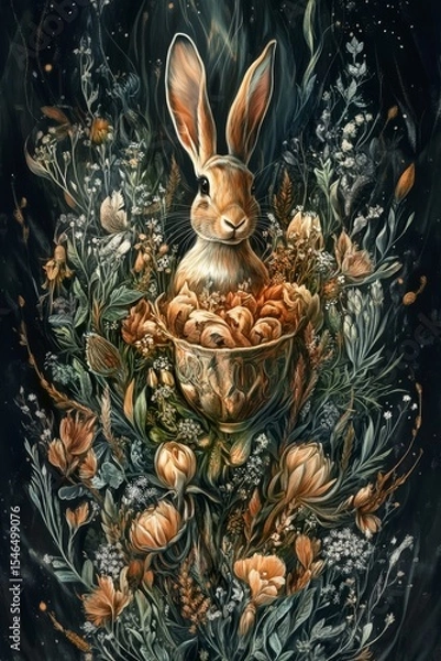 Obraz illustration of animal in vintage boho style. hare on background of plants and flowers. botanical drawing style. Postcard. notebook cover, print concept. scrapbooking wallpapers. digital art