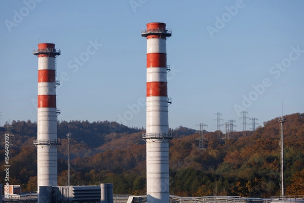 Fototapeta Two striped red and white factory pipes stand side by side