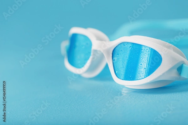 Fototapeta Swimming goggles in a white frame with on a blue background