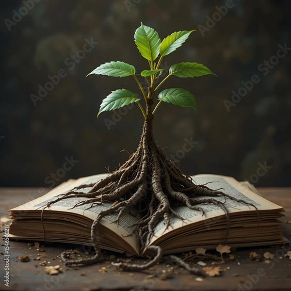 Fototapeta Ancient, open book resting on a tree, symbolizing the magic of nature and the wisdom of learning