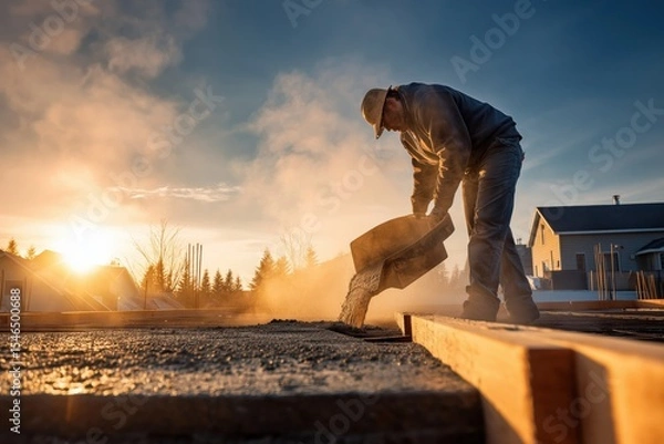 Obraz Construction worker pouring concrete at sunrise on a building site in early morning light
