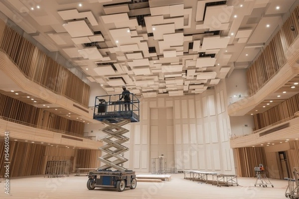 Obraz Construction crew works on acoustic ceiling in a modern concert hall located in a bustling city center during the daytime
