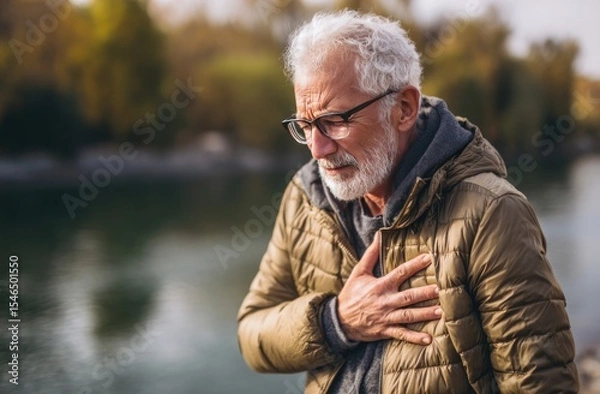 Obraz A man with a heart condition is standing by a body of water