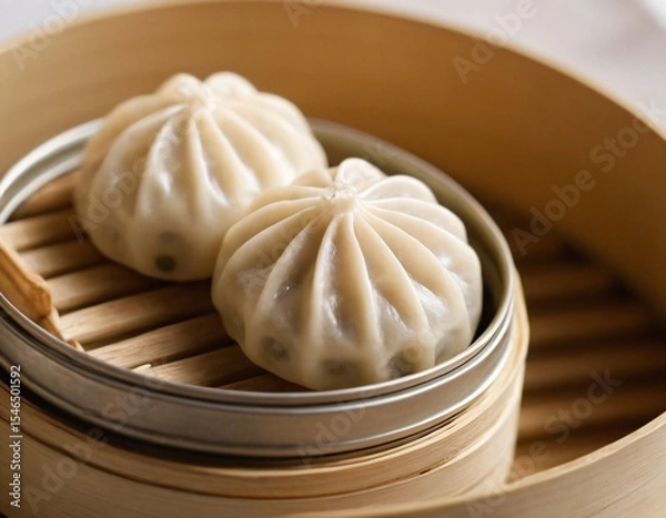 Fototapeta Steaming Dumplings in Bamboo Steamer: Two freshly steamed dumplings rest enticingly in a bamboo steamer, their delicate wrappers glistening with moisture. Ai generated image