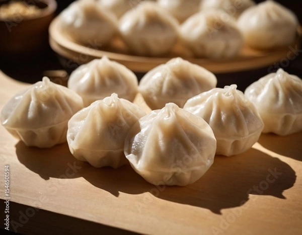 Fototapeta Steaming Dumplings: An appetizing shot of handmade dumplings arranged artfully, set on a wooden board ready to enjoy. Ai generated image