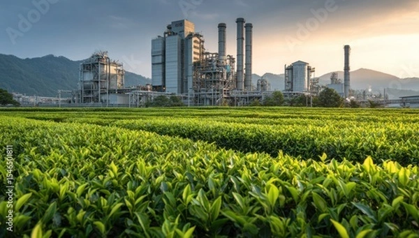Obraz A large industrial plant sits next to a lush green field