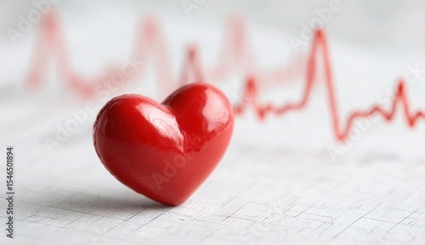 Obraz A heart is placed on a white background with a red line that resembles an EKG