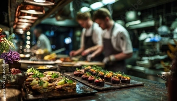 Obraz A group of chefs are preparing food in a kitchen